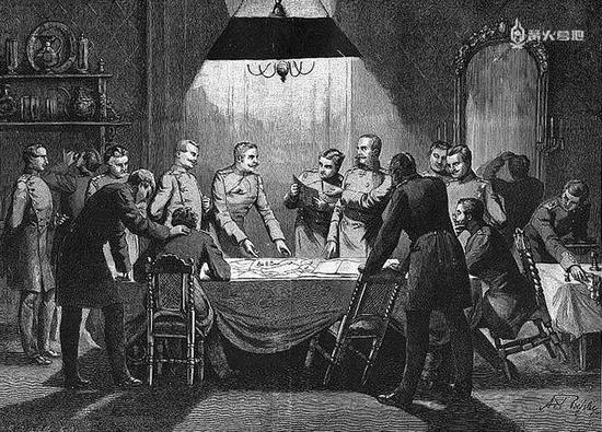 一群普鲁士军官在进行‘Kriegsspiel’推演，图源： Adalbert von Rößler 的木雕画，1884 年