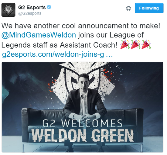 “我们还有另一个好消息分享给大家！Weldon加入英雄联盟分部担任助理教练！”