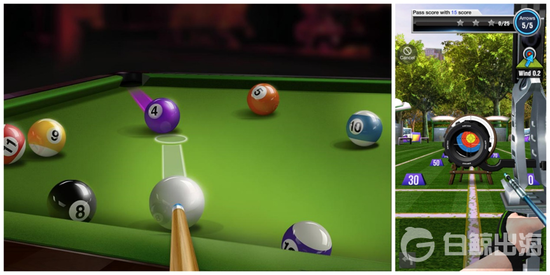 《台球城》（左）和《箭术大师》（右）游戏截图