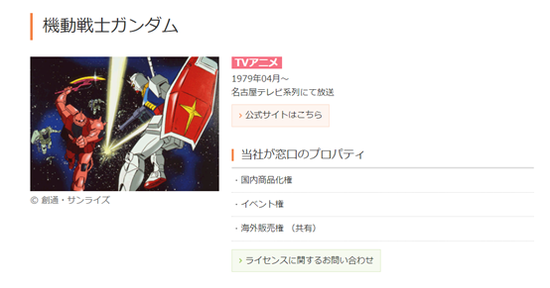 创通官网上关于《机动战士高达》的授权窗口信息