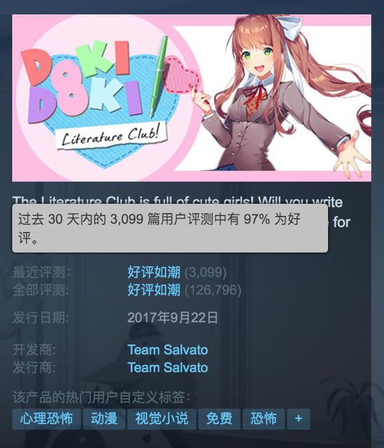 Steam上的玩家评价，请注意“心理恐怖”这个标签