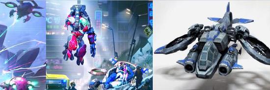 动画里一闪而过的蓝色机甲还有点像《星际争霸》里的女妖战机（最右）