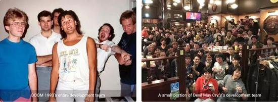 《毁灭战士》1993年的研发团队（左）和《鬼泣5》研发团队的一小部分（右）