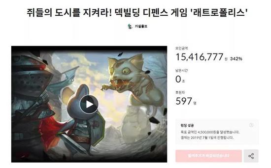 游戏在众筹网上筹集到了1500万韩元（约合9万元人民币）