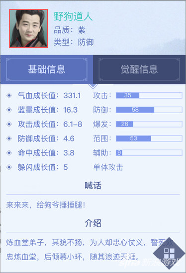 青云志手游紫色伙伴图鉴野狗道人信息详解