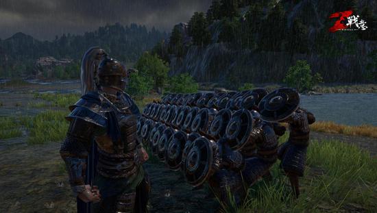 图五：乌云暴雨中，将士们衣甲湿漉，严阵以待