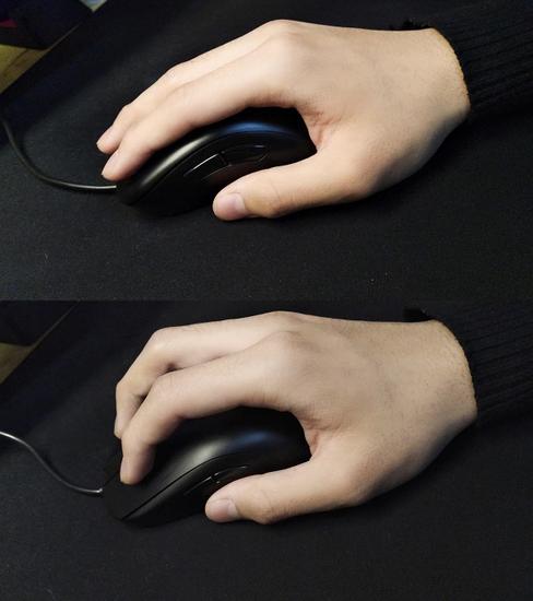 趴握(上)对应鼠背较高的鼠标,抓握(下)对应鼠背较低的鼠标