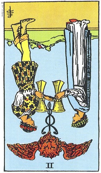 圣杯二逆位射手座塔罗牌:圣杯二逆位给射手座抽到是圣杯二逆位,这张牌