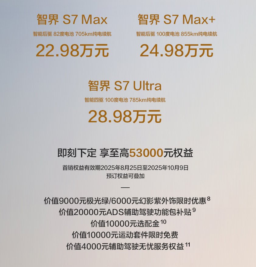 新款智界S7价格与权益