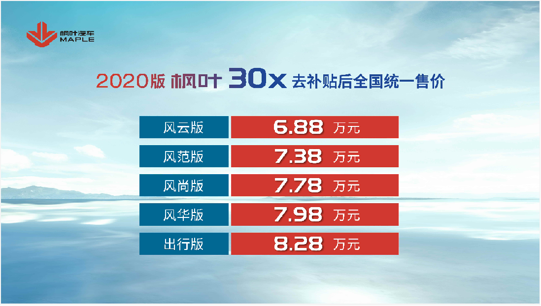 枫叶30X上市 补贴后售6.88万起 定位紧凑型纯电SUV