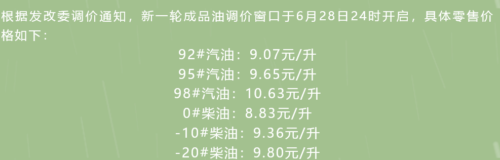 6月28日24时油价下调 加满一箱油省13元