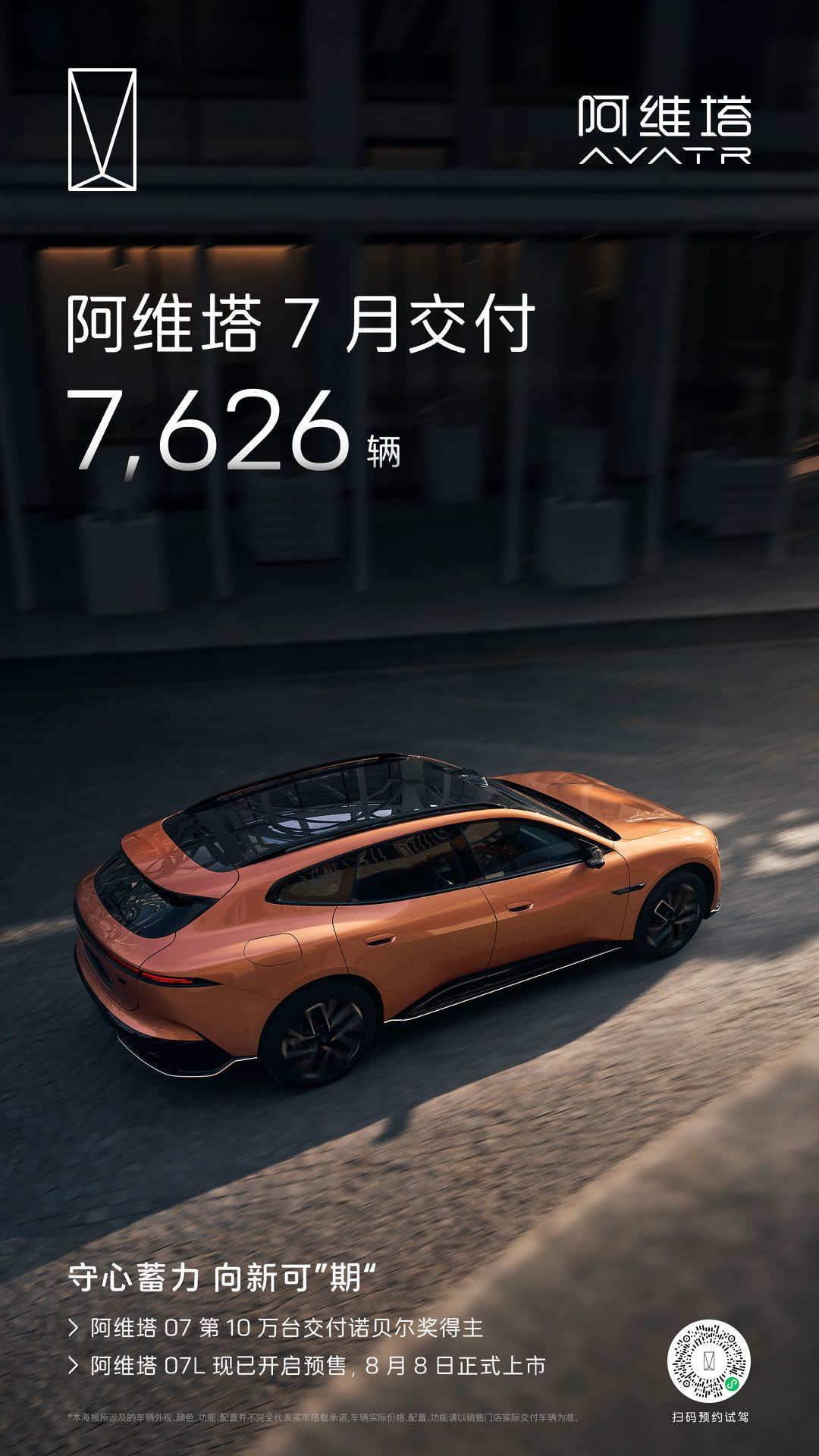 阿维塔7月交付7626辆 阿维塔07L将于8月8日上市