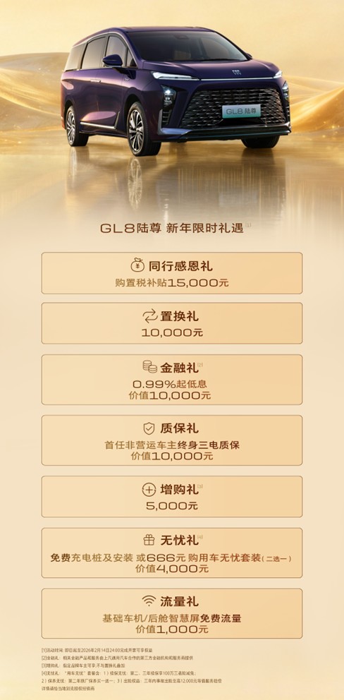 别克新能源GL8 限时享至高1.5万元购置税补贴
