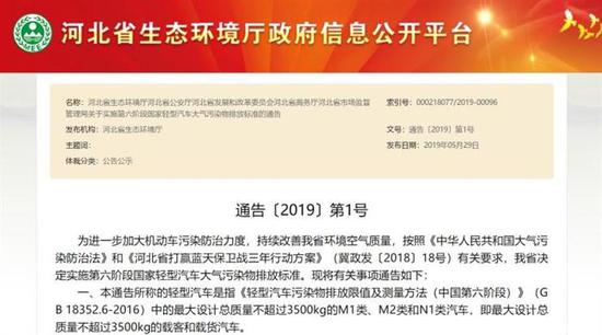 河北省7月1日起实施“国六”排放标准