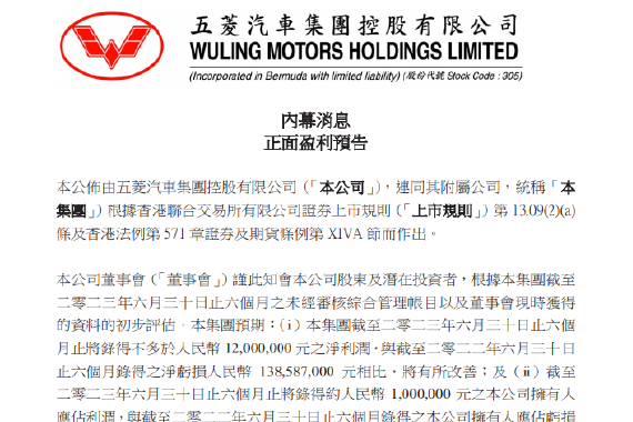 五菱汽车：预计上半年净利润为1200万元 同比扭亏为盈