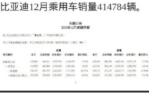 比亚迪2025年全年累计销量4602436辆 同比增长7.73%