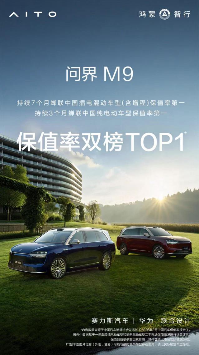 连续7月蝉联 问界M9再次获得车型保值率双榜第一