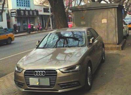 奥迪违法停车并给牌照上锁 司机被扣12分
