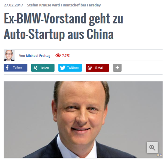 传前宝马全球CFO跳槽Faraday Future 