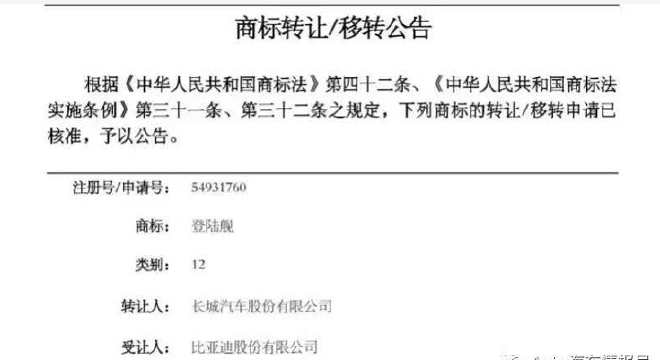 长城汽车将注册商标“登陆舰”转让给比亚迪汽车