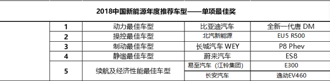 2018中国新能源年度推荐车型——单项最佳奖