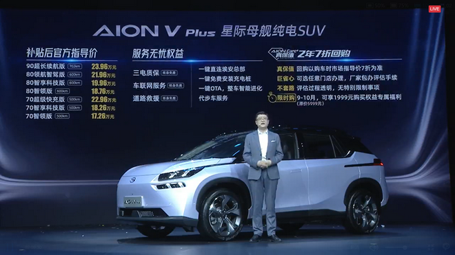 广汽埃安AION V Plus正式上市 售17.26-23.96万元