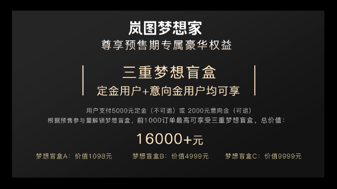 岚图梦想家开启预订七座版预售38-48万元/四座定制版60万起