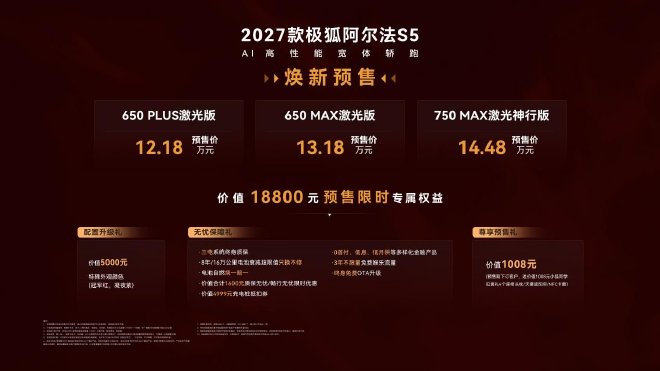 2027款极狐阿尔法S5开启预售 预售价12.18万元起