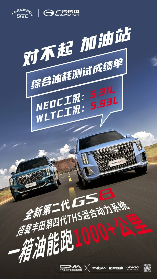 搭丰田混动系统 全新第二代GS8 WLTC/NEDC油耗测试仅5.93L/5.31L