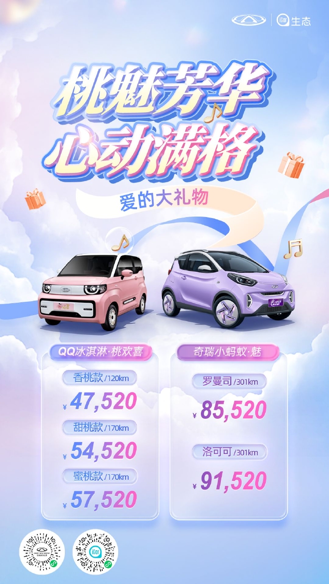 奇瑞QQ冰淇淋·桃欢喜&小蚂蚁·魅双车上市 售价4.752万起