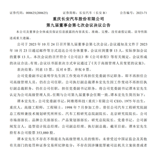 长安汽车公告：谭本宏担任党委副书记职务 不再担任执行副总裁职务