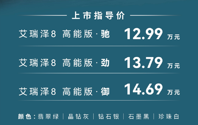 奇瑞艾瑞泽8高能版上市 售价12.99-14.69万元