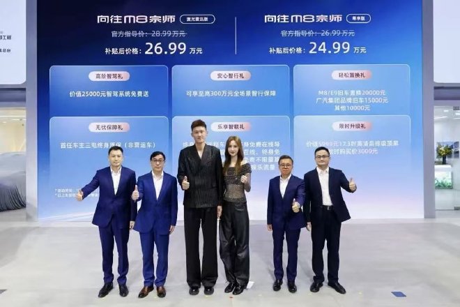 合影从左到右：广汽集团传祺营销本部市场部负责人刘国强，广汽集团传祺营销本部 负责人郭百迅，前中国男篮队长、联赛八冠王周鹏先生，刘美女士（周鹏太太），广汽集团传祺营销本部品牌营销官敖志一、广汽集团M8系列产品总经理童伟