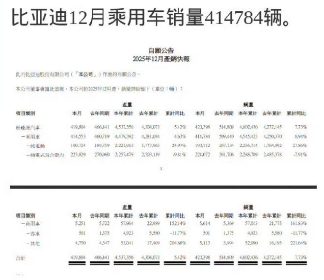 比亚迪2025年全年累计销量4602436辆 同比增长7.73%