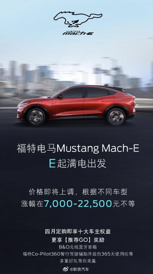 福特Mustang Mach-E即将涨价 涨幅7000元到22500元不等