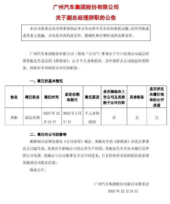 广汽集团55岁副总经理因个人身体原因辞职
