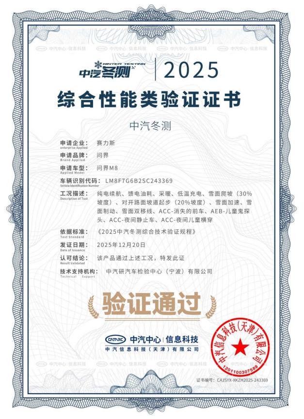 2025中汽冬测结果正式发布 问界M8表现出色