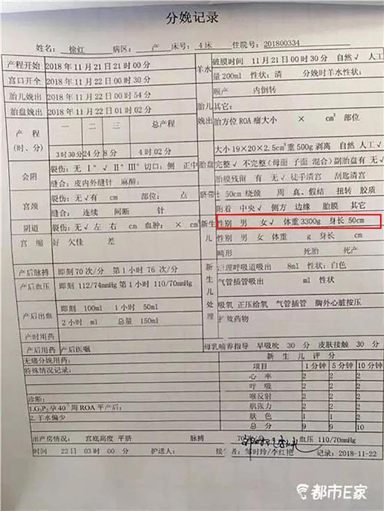 医院提供的分娩记录 图片来源:贵州都市报