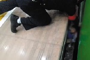  The child accidentally falls into the gap between the train and the platform, and the policeman kneels down to rescue him