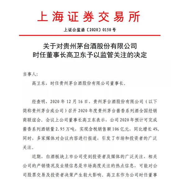 贵州茅台董事长受上交所监管关注 事因违规透露经营数据