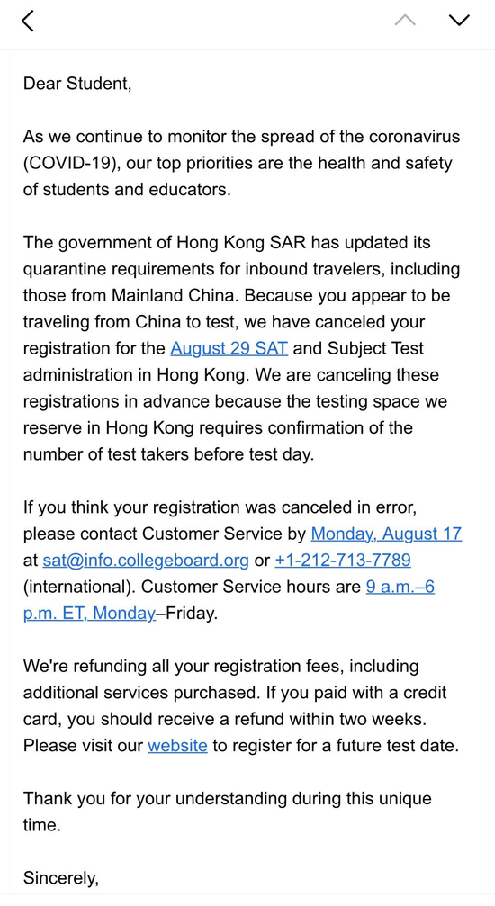 中国大陆考生8月香港SAT考试或将取消