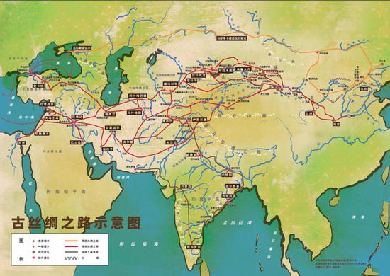 采访团队走访10个国家,根据《穿越丝路》一书绘制"古丝绸之路示意图"