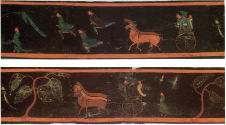  The painting of horses and chariots on the lacquer box of the portrait unearthed from Tomb 2 in Baoshan, Hubei