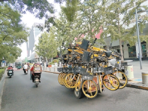 在城区多条道路上,都能看到拉着共享单车的电动三轮车。