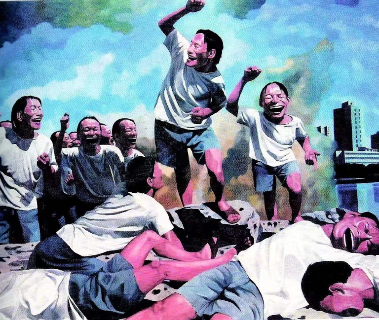 岳敏君，《自由引导人民》，布面油画，1995年