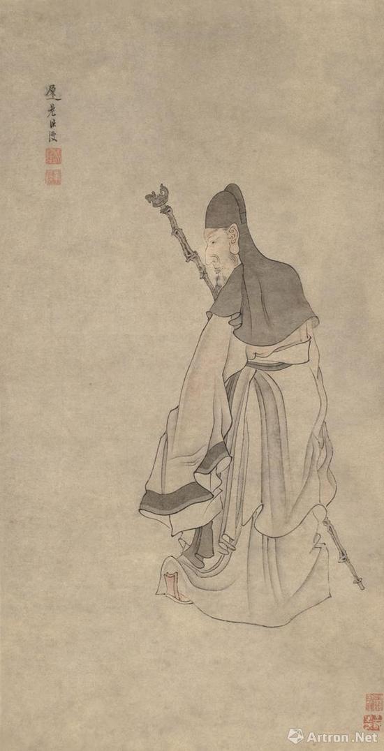 《策杖图》 明 陈洪绶(款) 纸本设色 71.8cm×36.6cm 上海博物馆藏