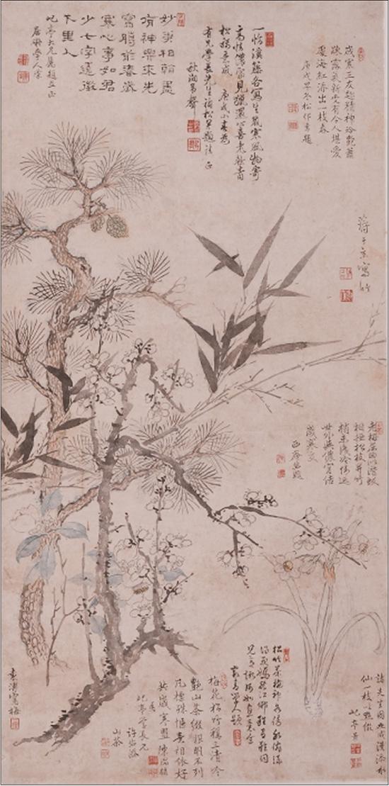 清·许佑,袁溥等《岁寒三友图》轴(常熟博物馆藏)