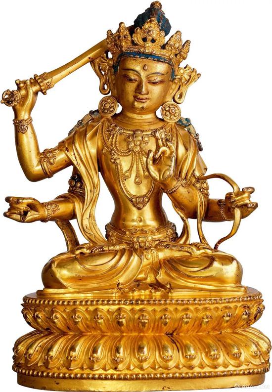 大明永乐款鎏金铜四臂文殊像