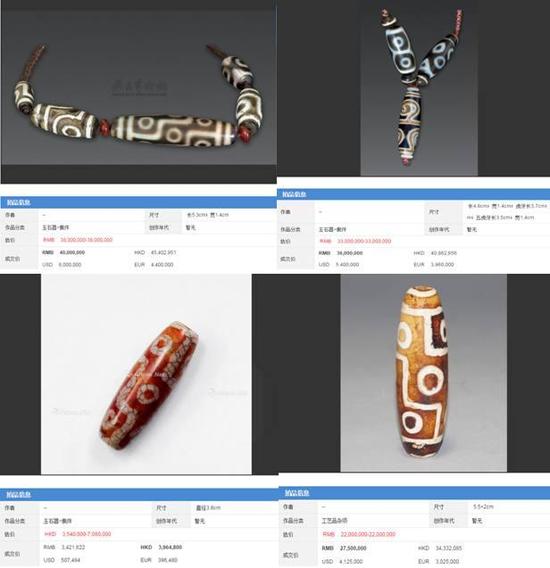 历年天珠成交记录 图片由广州荣古斋公司提供纵观天珠历年的拍卖成交
