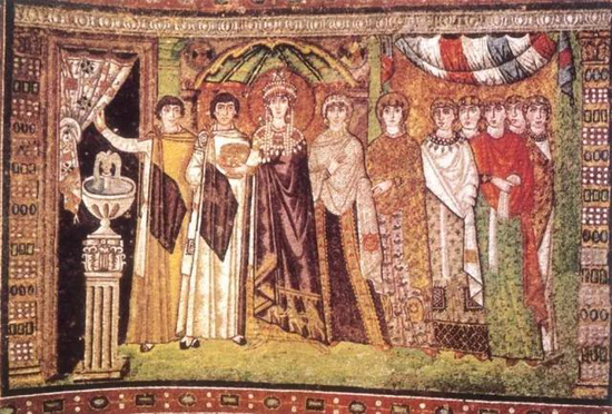 《狄奥多拉皇后与侍从》548年,镶嵌画,264×365cm,拉文纳圣维塔尔教堂